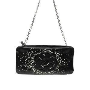 Chanel Black Satin Camellia Crystal Clutch Chain Evening Bag
